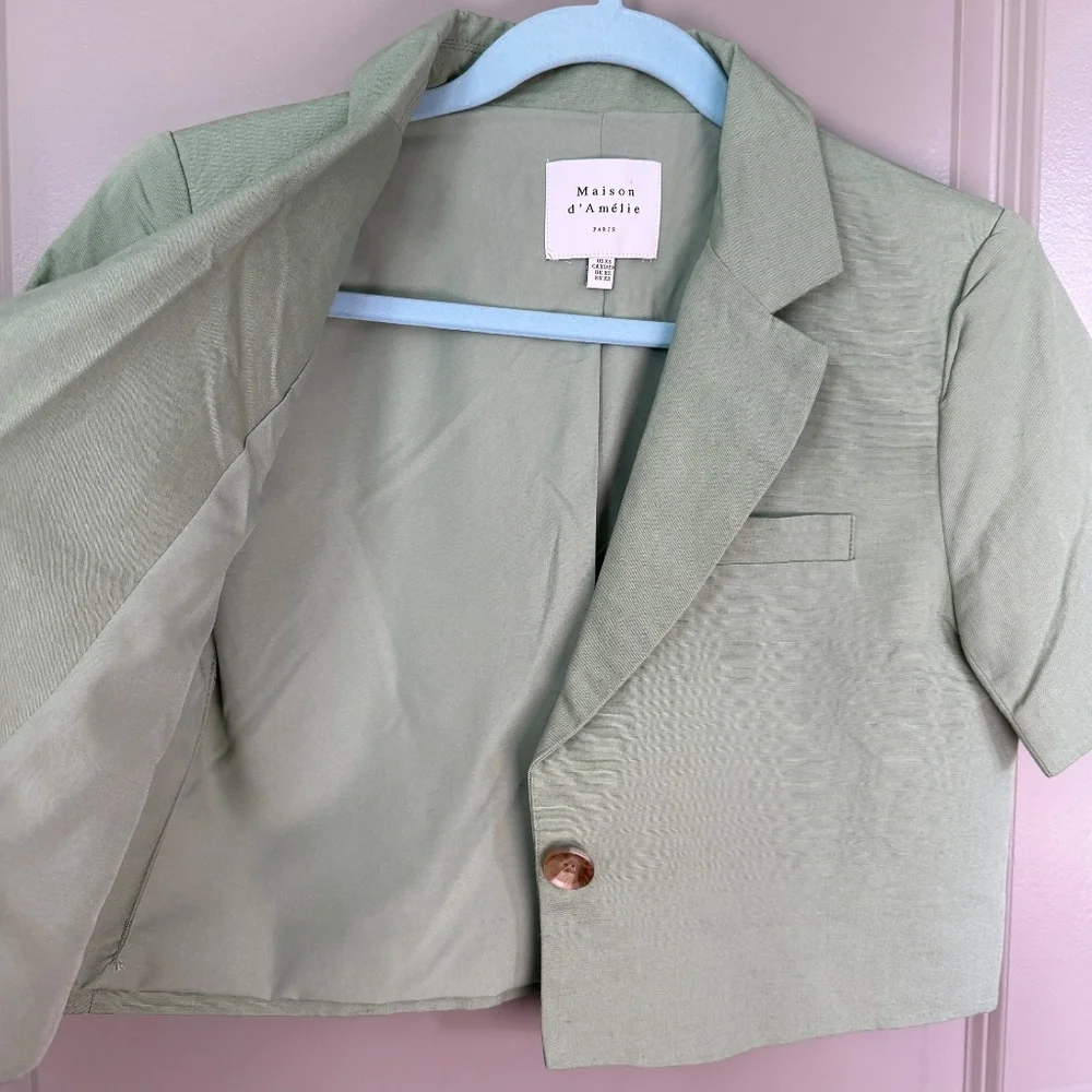 Maison d'Amélie Paris Sage Green Cropped Short Sleeve Blazer Size XS